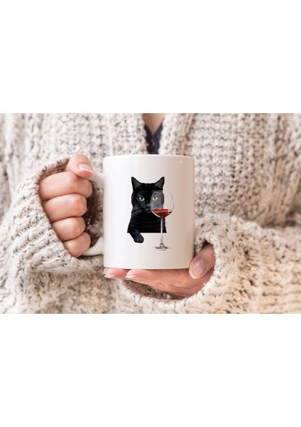 Şarap Içen Kedi Baskılı Hediyelik Porselen Kupa Bardak