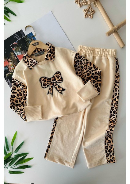 Leopar Fiyonk Detaylı Kız Çocuk 2 li takım - Krem