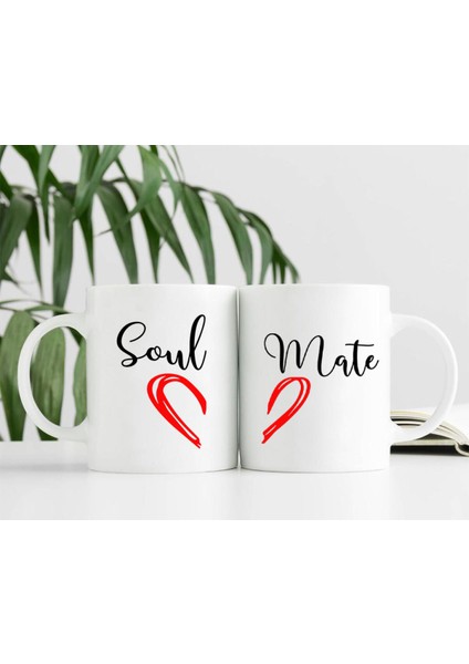 Soul Mate Baskılı 2'Li Çift Sevgili Kombin Hediyelik Porselen Kupa Bardak