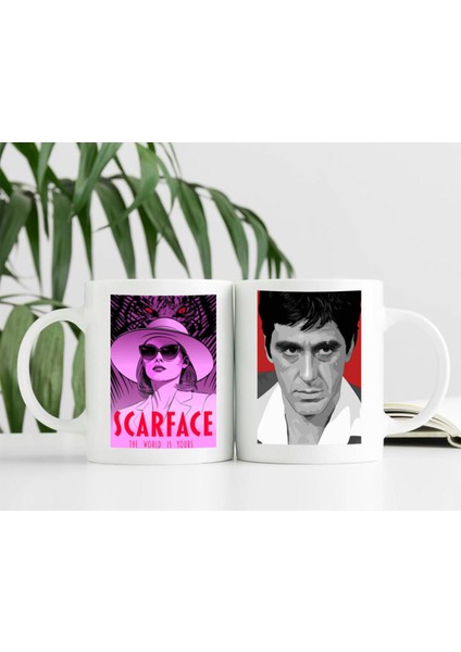 Scarface Yaralı Yüz Baskılı 2'Li Çift Sevgili Kombin Hediyelik Porselen Kupa Bardak