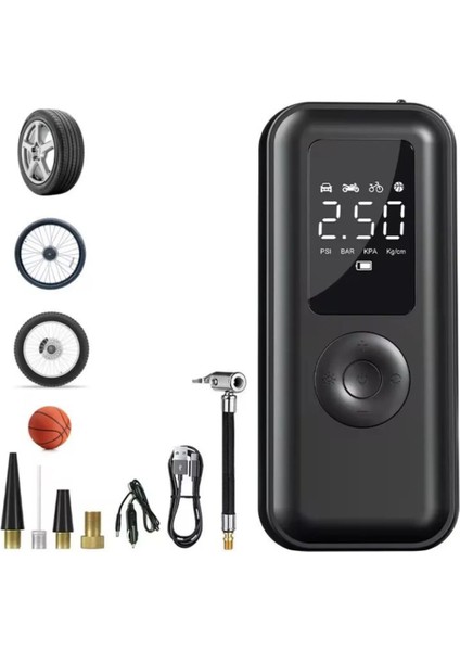 Elektrikli Hava Pompası 150 Psi 6000 Mah Pilli Hava Pompası, LCD Gerçek Zamanlı Lastik Basıncı Izleme, Led'li ve USB Çıkışlı Bisiklet, Araba, Basketbol