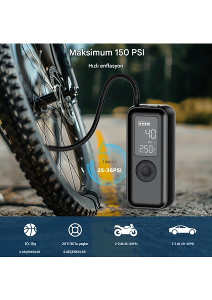 Elektrikli Hava Pompası 150 Psi 6000 Mah Pilli Hava Pompası, LCD Gerçek Zamanlı Lastik Basıncı Izleme, Led'li ve USB Çıkışlı Bisiklet, Araba, Basketbol