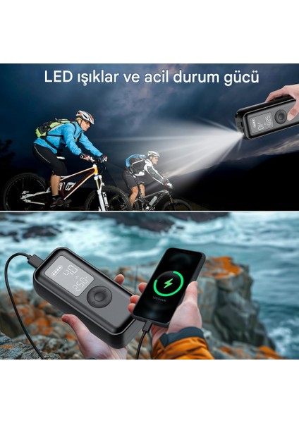 Elektrikli Hava Pompası 150 Psi 6000 Mah Pilli Hava Pompası, LCD Gerçek Zamanlı Lastik Basıncı Izleme, Led'li ve USB Çıkışlı Bisiklet, Araba, Basketbol