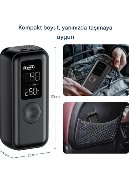 Elektrikli Hava Pompası 150 Psi 6000 Mah Pilli Hava Pompası, LCD Gerçek Zamanlı Lastik Basıncı Izleme, Led'li ve USB Çıkışlı Bisiklet, Araba, Basketbol