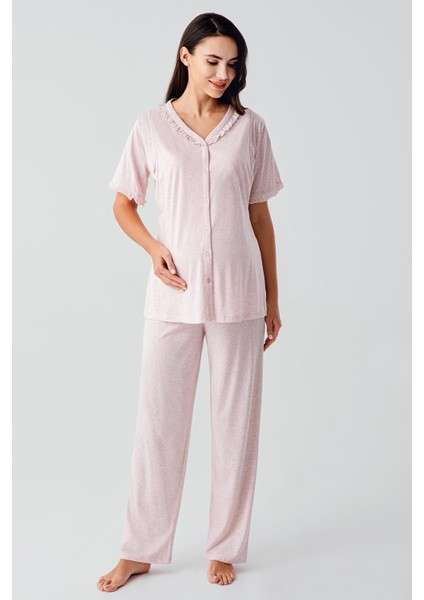 Kısa Kollu Düğmeli Esnek Pamuklu Kumaş Hamile Pijama Takım