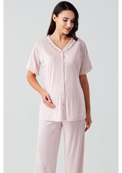 Kısa Kollu Düğmeli Esnek Pamuklu Kumaş Hamile Pijama Takım modelleri