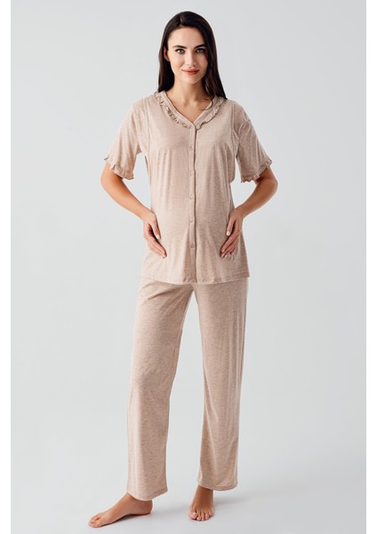 Kısa Kollu Düğmeli Esnek Pamuklu Kumaş Hamile Pijama Takım