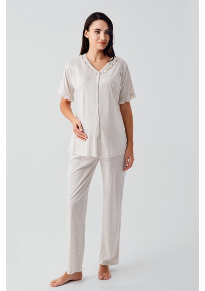 Kısa Kollu Düğmeli Esnek Pamuklu Kumaş Hamile Pijama Takım