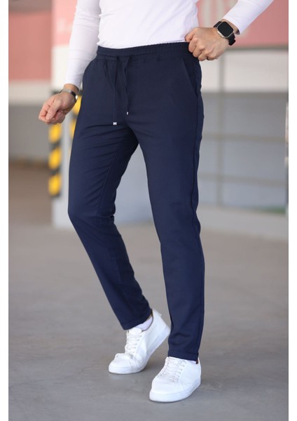 Erkek Lacivert Beli Lastikli Bağcıklı Esnek Fitted Jogger Pantolon Kumaş Pantolon