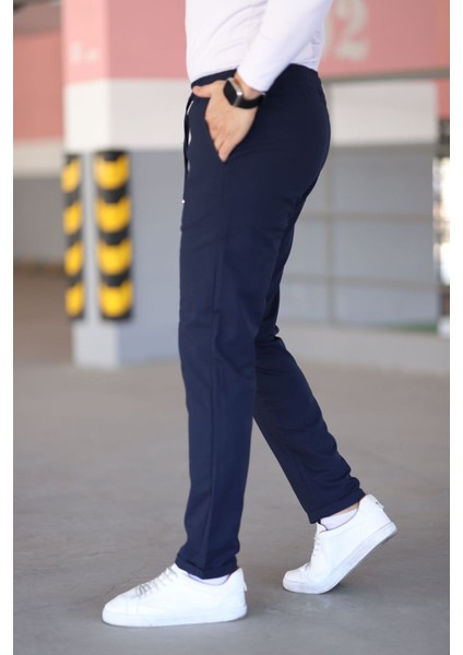 Erkek Lacivert Beli Lastikli Bağcıklı Esnek Fitted Jogger Pantolon Kumaş Pantolon