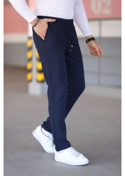 Erkek Lacivert Beli Lastikli Bağcıklı Esnek Fitted Jogger Pantolon Kumaş Pantolon