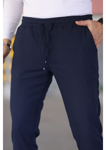 Erkek Lacivert Beli Lastikli Bağcıklı Esnek Fitted Jogger Pantolon Kumaş Pantolon