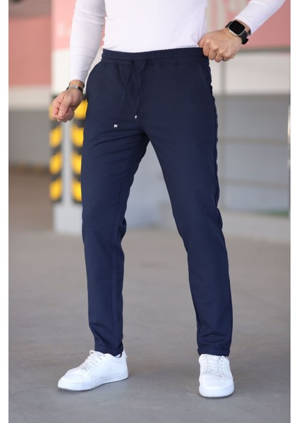 Erkek Lacivert Beli Lastikli Bağcıklı Esnek Fitted Jogger Pantolon Kumaş Pantolon