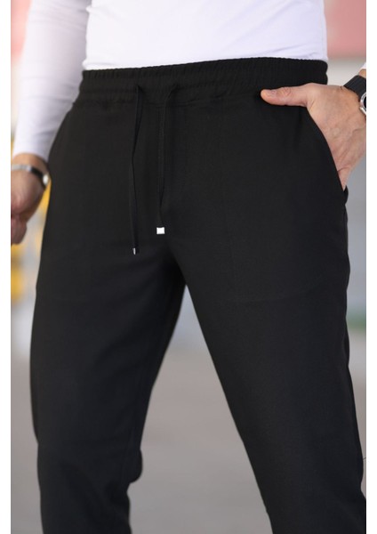 Erkek Siyah Beli Lastikli Bağcıklı Esnek Fitted Jogger Pantolon Kumaş Pantolon