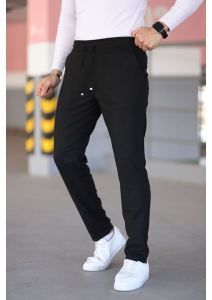Erkek Siyah Beli Lastikli Bağcıklı Esnek Fitted Jogger Pantolon Kumaş Pantolon
