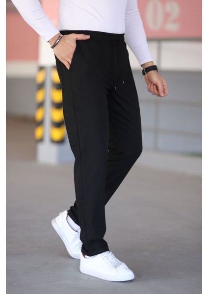 Erkek Siyah Beli Lastikli Bağcıklı Esnek Fitted Jogger Pantolon Kumaş Pantolon