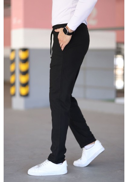 Erkek Siyah Beli Lastikli Bağcıklı Esnek Fitted Jogger Pantolon Kumaş Pantolon