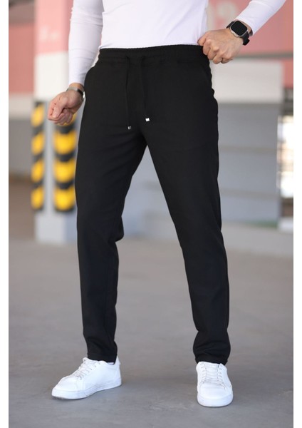 Erkek Siyah Beli Lastikli Bağcıklı Esnek Fitted Jogger Pantolon Kumaş Pantolon