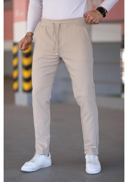 Erkek Krem Beli Lastikli Bağcıklı Esnek Fitted Jogger Pantolon Kumaş Pantolon
