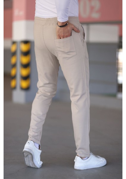 Erkek Krem Beli Lastikli Bağcıklı Esnek Fitted Jogger Pantolon Kumaş Pantolon fiyatları
