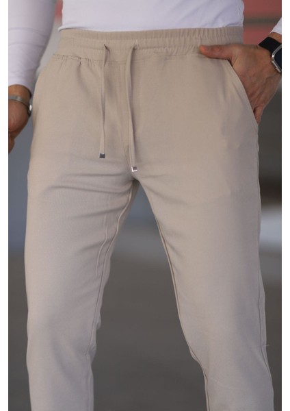 Erkek Krem Beli Lastikli Bağcıklı Esnek Fitted Jogger Pantolon Kumaş Pantolon fırsatları