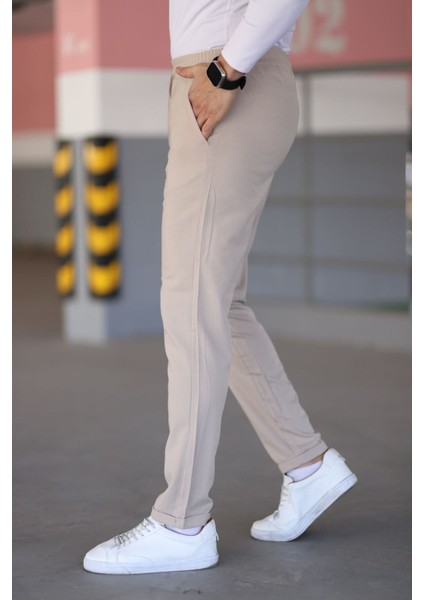 Erkek Krem Beli Lastikli Bağcıklı Esnek Fitted Jogger Pantolon Kumaş Pantolon indirimleri