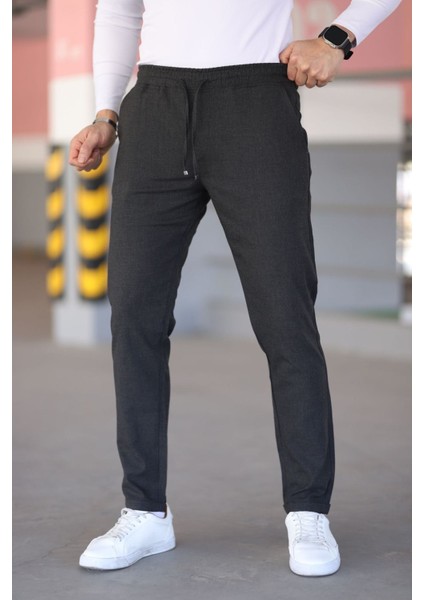 Erkek Antrasit Beli Lastikli Bağcıklı Esnek Fitted Jogger Pantolon Kumaş Pantolon