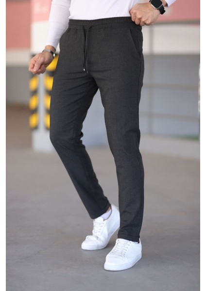 Erkek Antrasit Beli Lastikli Bağcıklı Esnek Fitted Jogger Pantolon Kumaş Pantolon modelleri