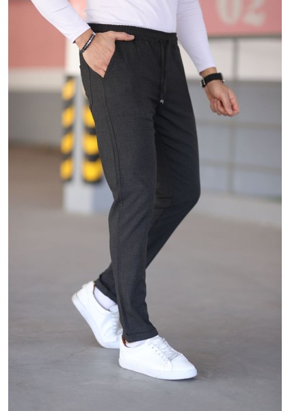 Erkek Antrasit Beli Lastikli Bağcıklı Esnek Fitted Jogger Pantolon Kumaş Pantolon fırsatları