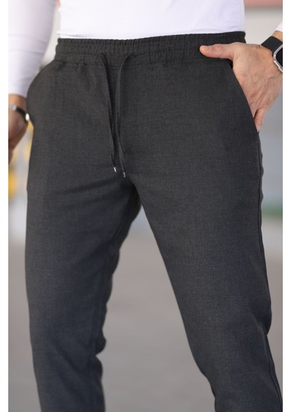 Erkek Antrasit Beli Lastikli Bağcıklı Esnek Fitted Jogger Pantolon Kumaş Pantolon indirimleri