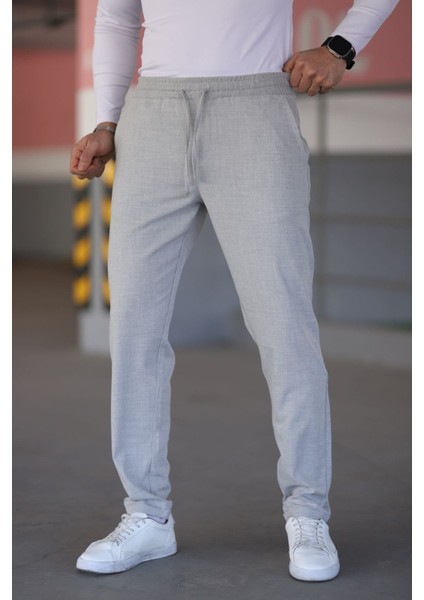 Erkek Gri Beli Lastikli Bağcıklı Esnek Fitted Jogger Pantolon Kumaş Pantolon