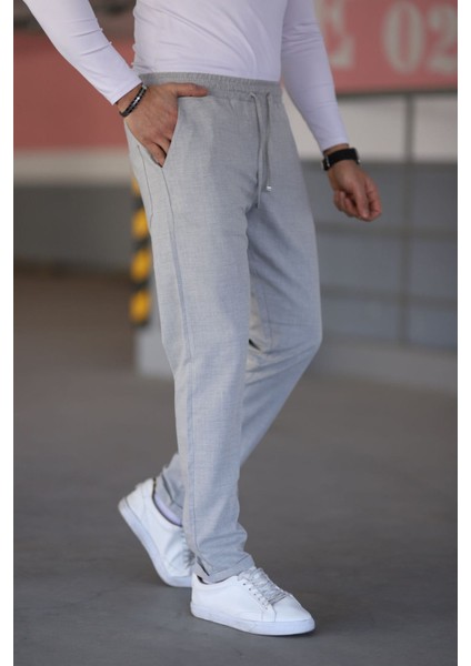 Erkek Gri Beli Lastikli Bağcıklı Esnek Fitted Jogger Pantolon Kumaş Pantolon fiyatları