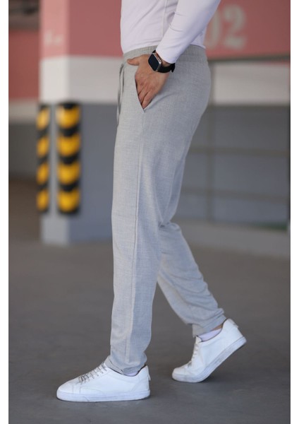 Erkek Gri Beli Lastikli Bağcıklı Esnek Fitted Jogger Pantolon Kumaş Pantolon modelleri