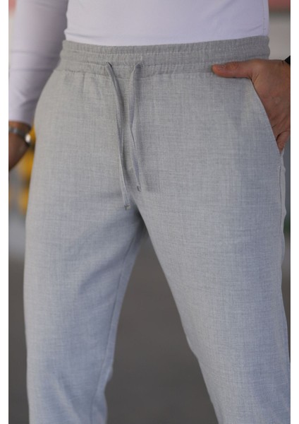Erkek Gri Beli Lastikli Bağcıklı Esnek Fitted Jogger Pantolon Kumaş Pantolon fırsatları