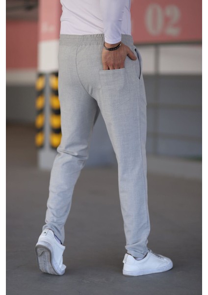 Erkek Gri Beli Lastikli Bağcıklı Esnek Fitted Jogger Pantolon Kumaş Pantolon indirimleri