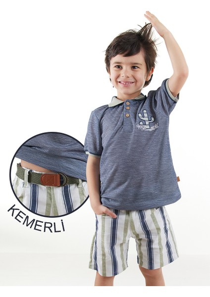 Erkek Çocuk 3'lü Takım Polo Yaka T-Shirt Şort Kemer Takım