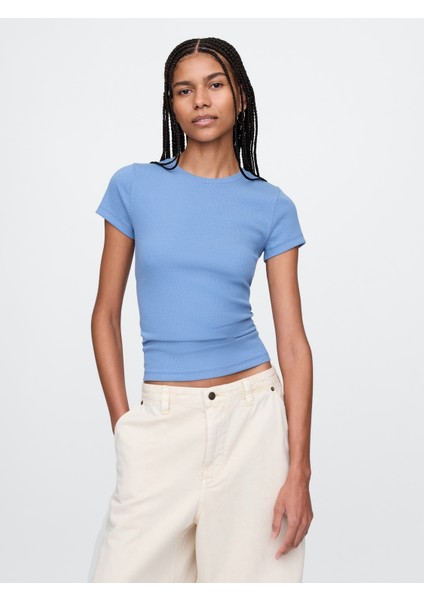 Kadın Mavi Modern Rib Crop T-Shirt