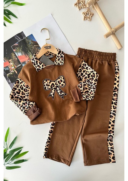 Leopar Fiyonk Detaylı Kız Çocuk 2 li takım - Kahve