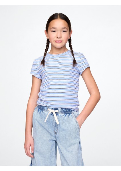 Kız Çocuk Mavi Yuvarlak Yaka T-Shirt