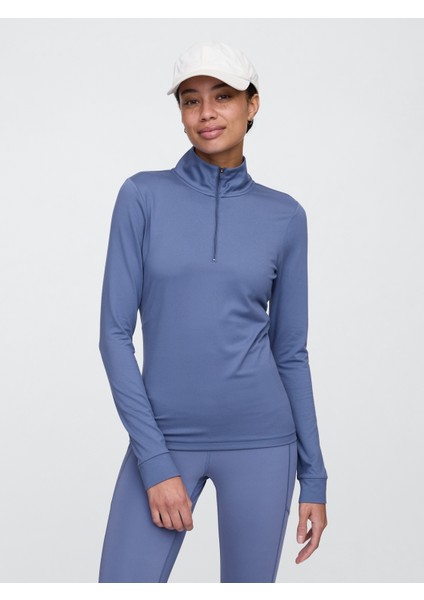 Kadın Mavi Gapfit Brushed Jarse Yarım Fermuarlı T-Shirt