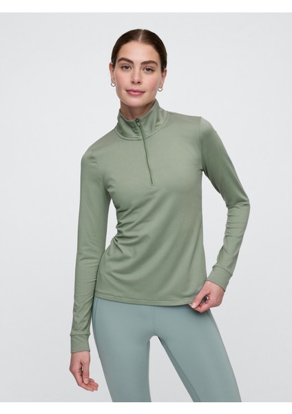 Kadın Haki Gapfit Brushed Jarse Yarım Fermuarlı T-Shirt