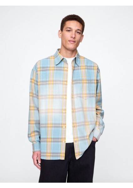 Erkek Mavi Sunwashed Twill Oversize Gömlek
