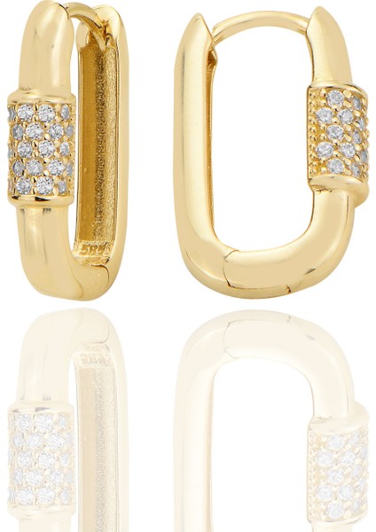 14 Ayar Altın Dikdtörgen Oval Köşeli Huggie Küpe Zirkon Taşlı T105