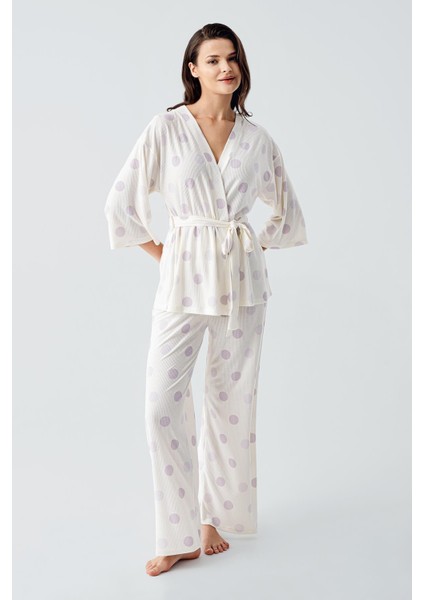 Puantiyeli Uzun Kollu Kimono Esnek Viskoz Pijama Takım