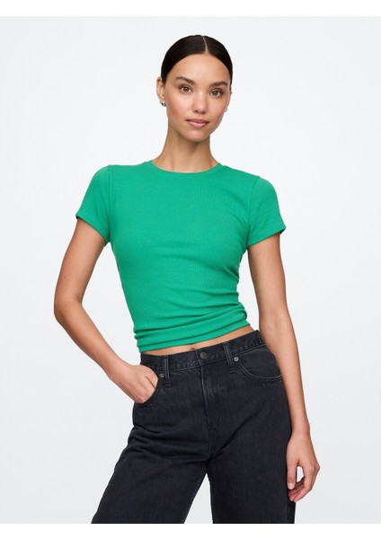 Kadın Yeşil Modern Rib Crop T-Shirt