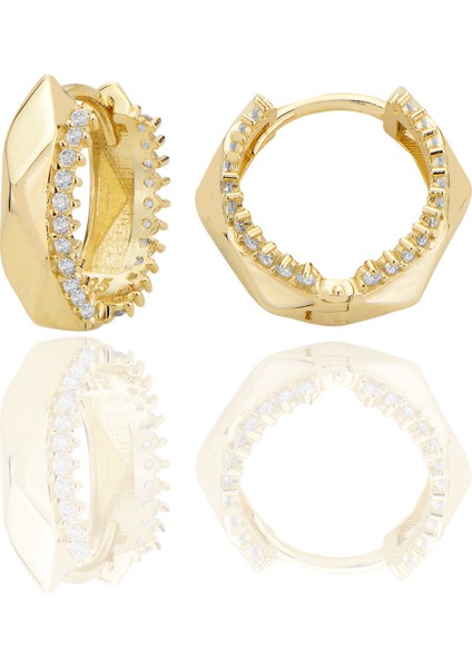 14 Ayar Altın Beşgen Huggie Küpe Zirkon Taşlı T108