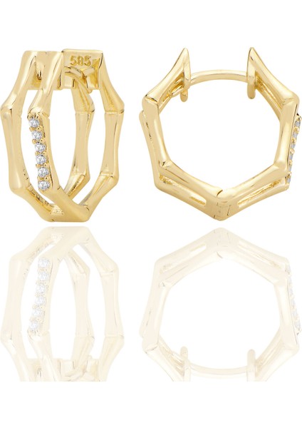 14 Ayar Altın Çiftli Beşgen Huggie Küpe Zirkon Taşlı T107