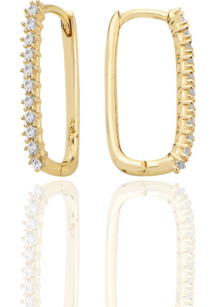 14 Ayar Altın Dikdtörgen Oval Köşeli Huggie Küpe Zirkon Taşlı T104