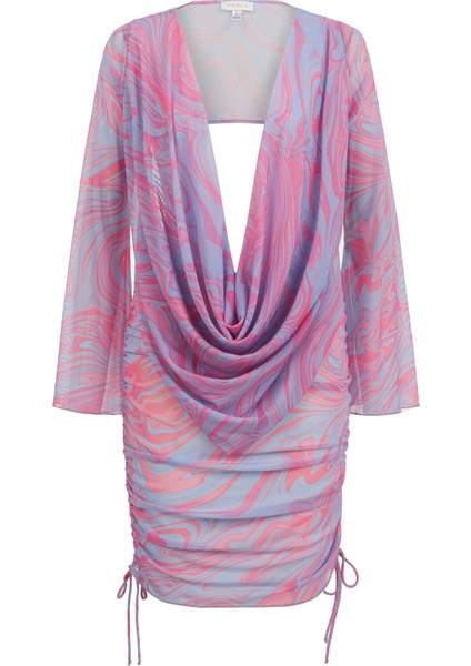 Desenli Mavi Tül Degaje Yaka Üst-Etek Takım