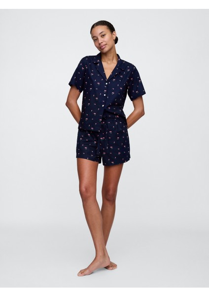 Kadın Lacivert Poplin Şort Pijama Takımı